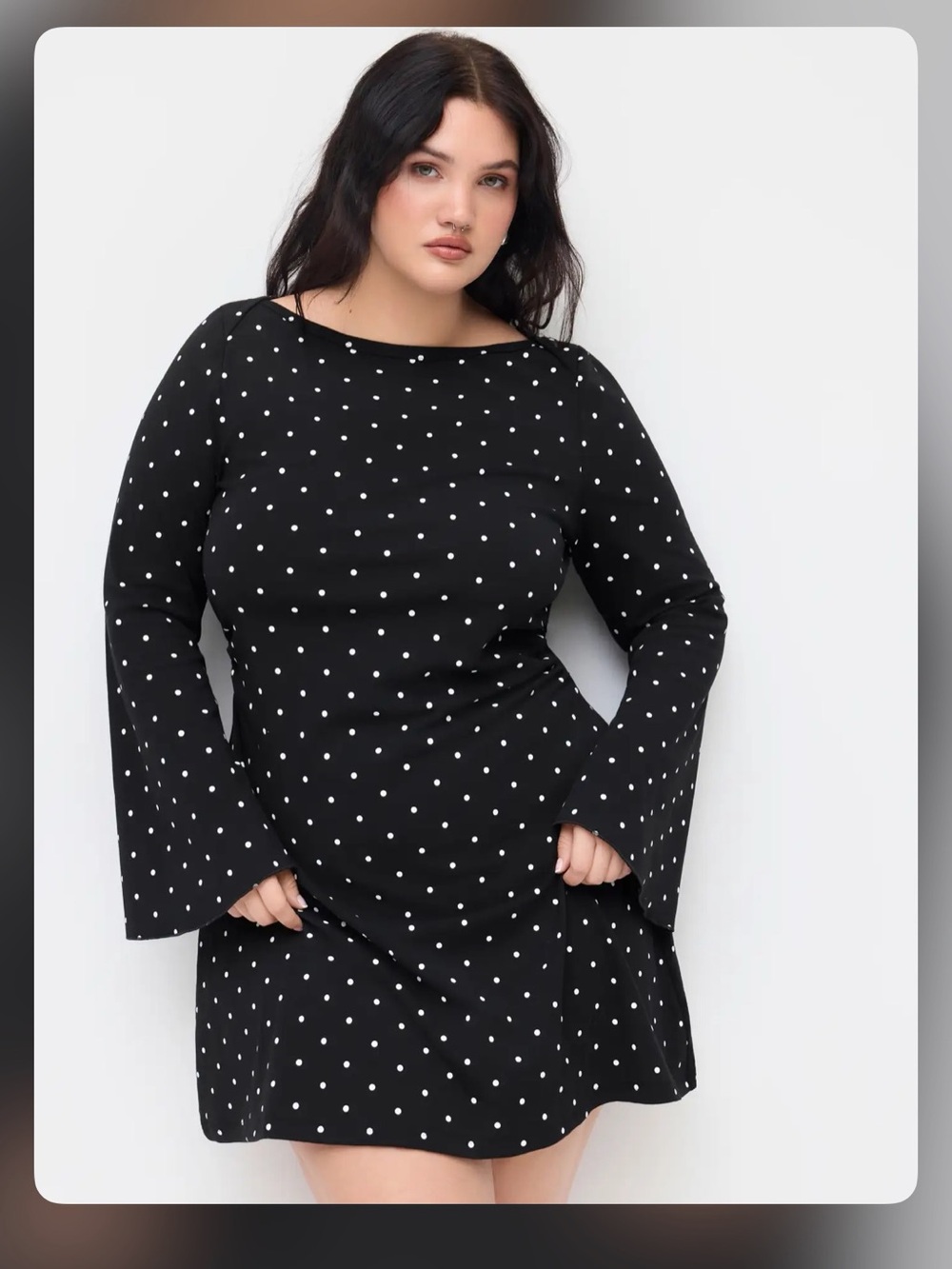 COTTON-BLEND BOAT NECK POLKA DOT RUCHED BELL SLEEVE MINI DRESS CURVE & PLUS